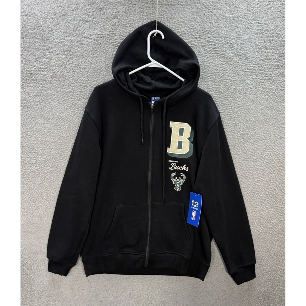 Milwaukee Bucks Sweatshirt Adult Large Black Hoodie Varsity Letterman Style NEW